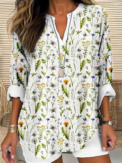 Loose 3D Printed V-Neck Shirt Long Sleeve T-Shirt m301360