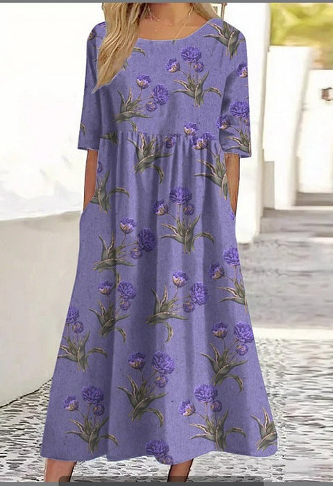 Up and down splicing pocket size printing big wide dress m301712