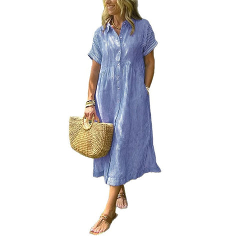 Loose large size striped short-sleeved shirt dress women's summer new casual cotton and linen medium and long skirt m302066