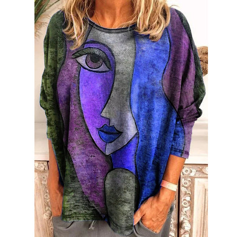 Large size women's face printing long-sleeved loose T-shirt women's m300665