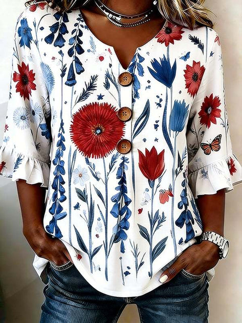 Small V-neck shirt flared sleeve printed button-down shirt m302753