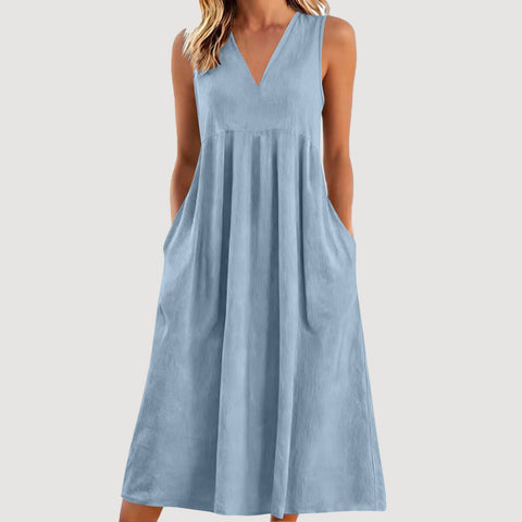 Solid color pullover V-neck sleeveless cotton loose dress m302773