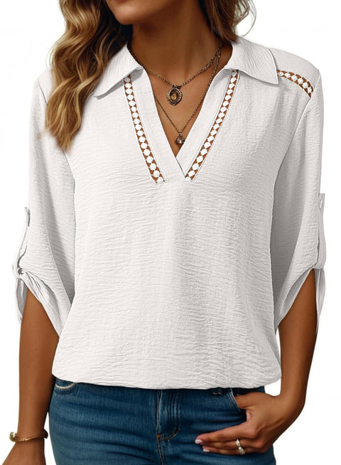 Casual solid color POLO hollow V-neck seven-quarter sleeve versatile women's top m302349