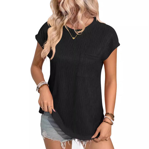 New Casual Crew Neck T-Shirt Top Pocket Women's m300986