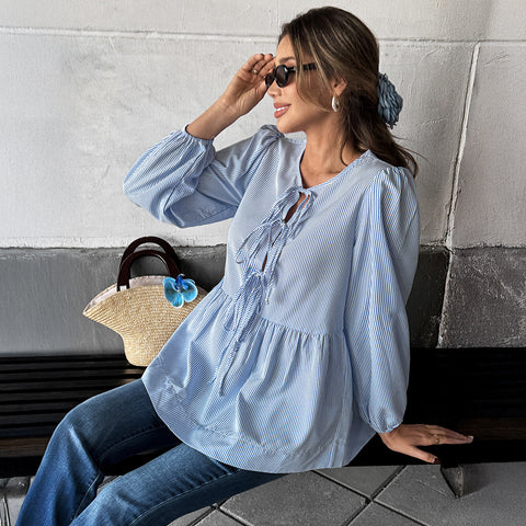 Temperament elegant striped long-sleeved strap T-shirt shirt m301397