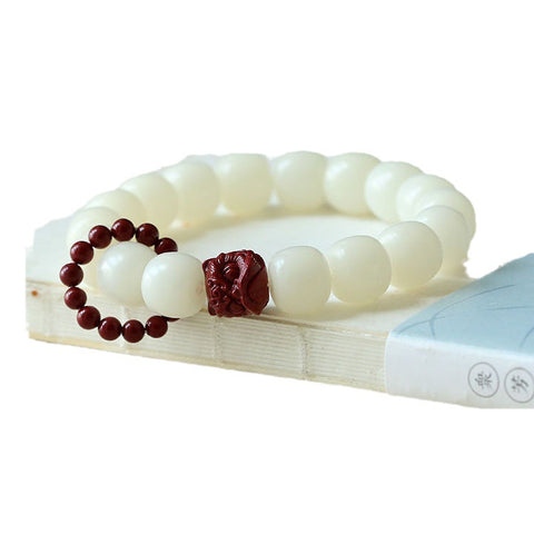 Natural White Jade Bodhi Root Bucket Bead Bracelet Cinnabar Awakening Lion Handheld Disc String Hand Play Bracelet Female Finger Soft Running Ring m3331301