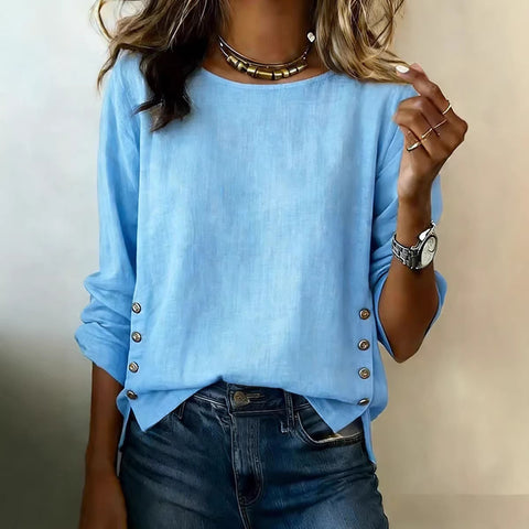 Women's T-shirt solid color round neck casual loose cotton and linen top m302837
