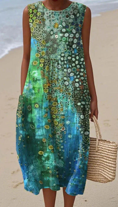 New sleeveless casual printing temperament long dress dress slim fit small fresh casual dress m301521