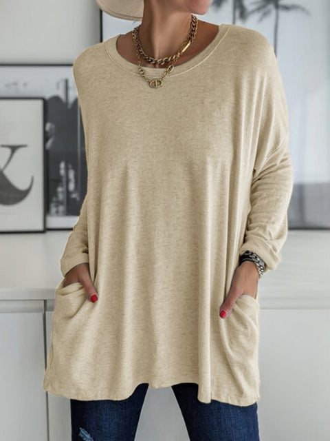 Crew neck long sleeve loose pocket solid color T-shirt casual women's clothing m301315