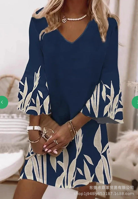 Full-body printed V-neck dress m302858