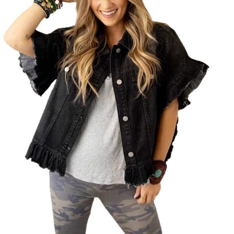 Haut en jean pour femme à manches courtes, volants et ourlet effiloché en jean m303100