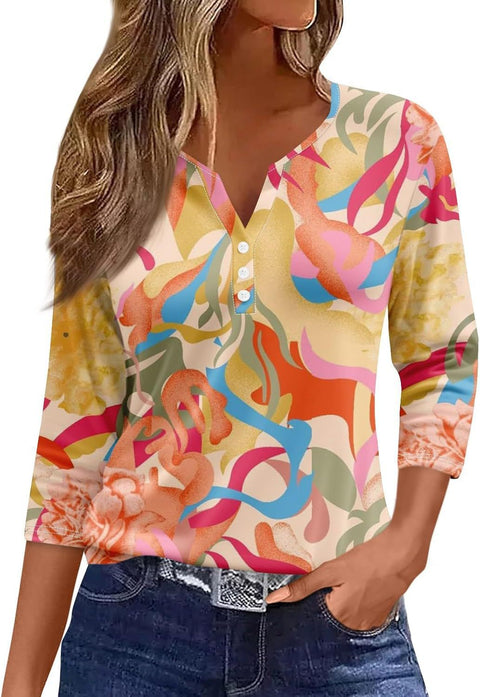 Marble pattern V-neck three-button seven-quarter sleeve women's clothing m300581