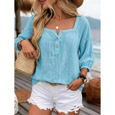 Holiday style seven-quarter sleeve loose and thin linen top m302921