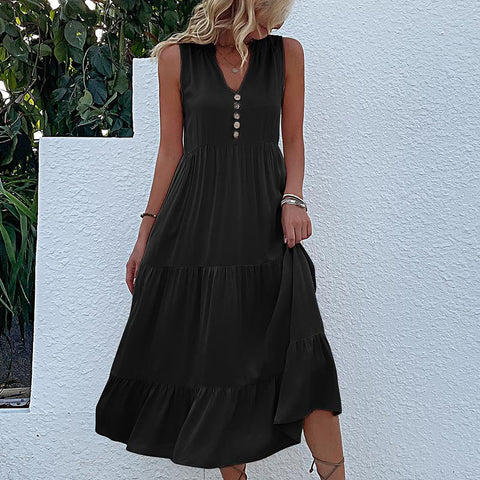 Summer popular sleeveless pleated skirt loose V-neck medium and long dress m300851