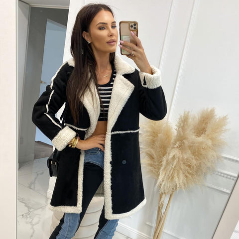 Solid color thickened lamb wool splicing coat jacket m300683