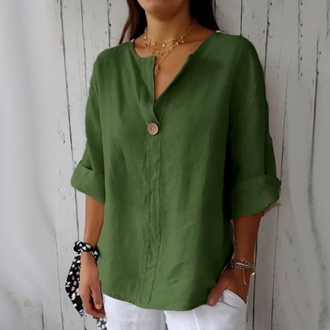 Loose T-shirt Women's V-neck cotton and linen button-up top m300385