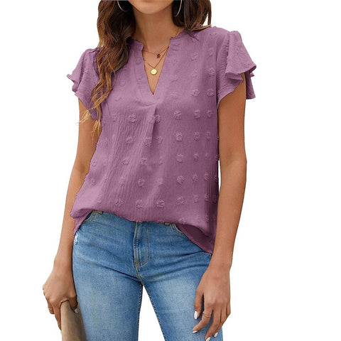 New V-neck pleated lotus leaf sleeves hairball top chiffon shirt m302693