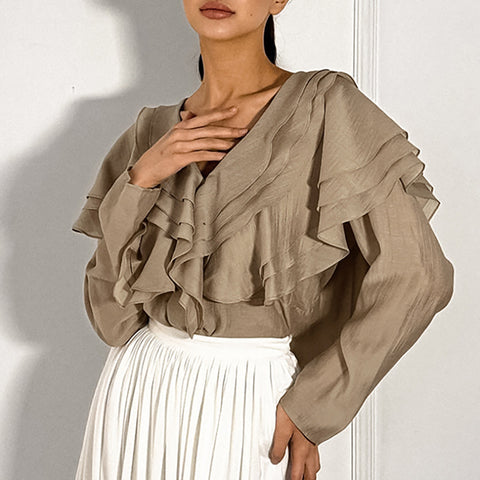 French niche V-neck ruffle leaf edge backless long-sleeved shirt temperament casual versatile European and American style m301820