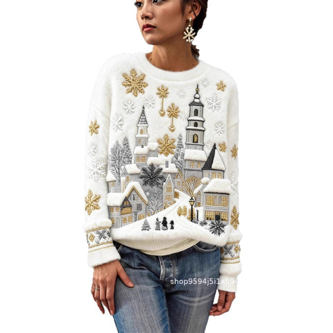 Digital printed flannel christmas ladies crew neck sweater autumn and winter m302198