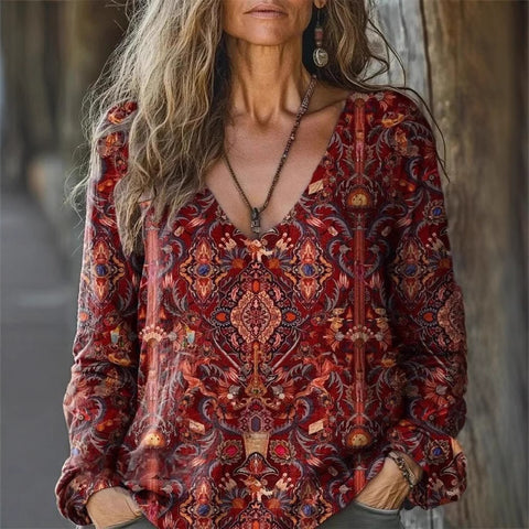 casual V-neck long-sleeved pullover loose digital printing women's top T-shirt m301736