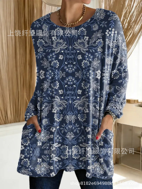3D printed women's new medium and long pocket round neck pullover fashion T-shirt m303192