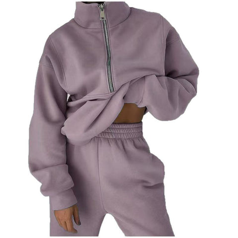 Casual sports home loose and comfortable zipper fleece knitted sweater sweatpants two-piece women's clothing m301654