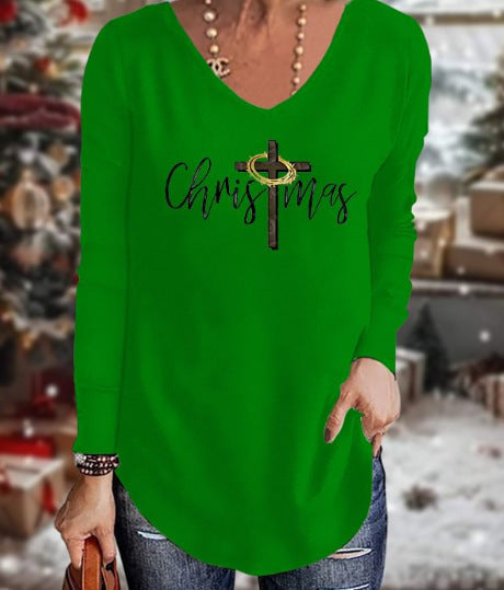 Loose 3D V-neck long-sleeved T-shirt women's Christmas printed bottoming shirt m302098