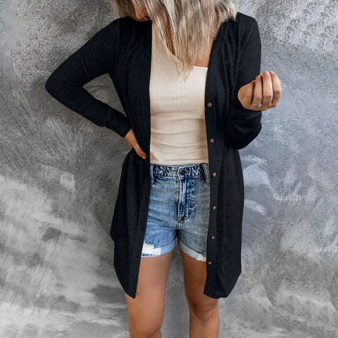 Long button solid color casual long sleeved cardigan women's m300020