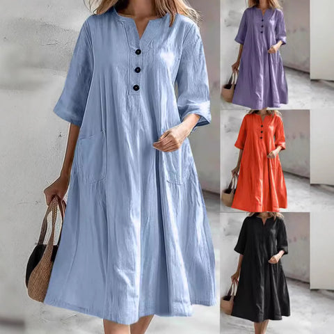 Dress Ladies medium and long V-neck half-sleeve cotton and linen loose version three-button pocket dress m302672