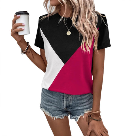 New contrasting color splicing crew neck T-shirt loose casual top m302621