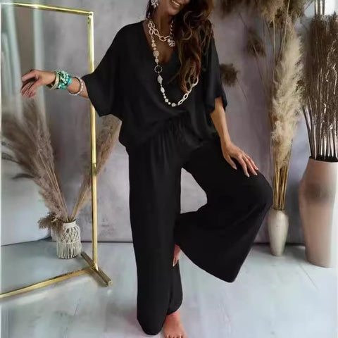 V-neck bat sleeve casual loose wide-leg pants suit women's m302414