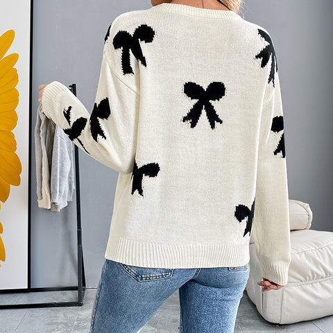 Crew neck bow jacquard autumn and winter sweater women's m300804