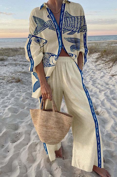 Linglong hemp fish shading casual suit loose sports wide-leg pants marine element casual shirt m303169