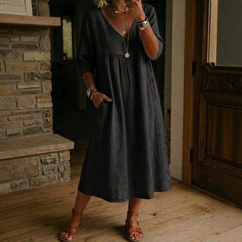 Loose v-neck splicing lace edge solid color medium sleeve dress m302991