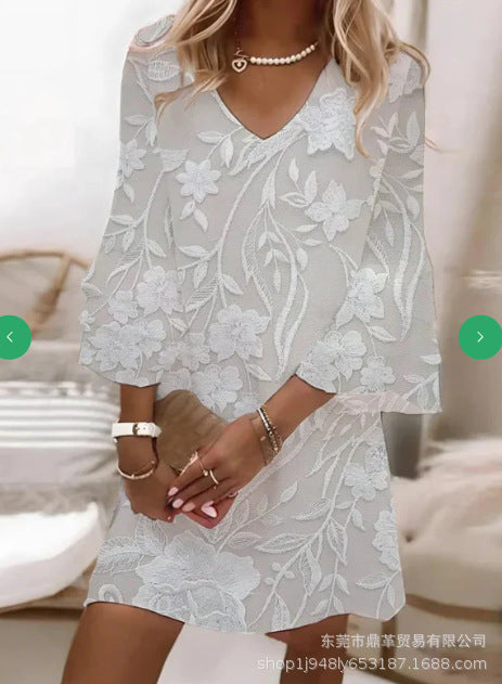 Full-body printed V-neck dress m302858