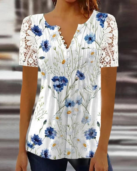 Lace Sleeve Pleated Solid Color Button T-Shirt Bottom Shirt m301333