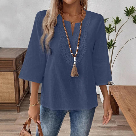 Women's loose solid color V-neck lace edge shirt m301477