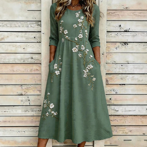 Creative floral elements seven-quarter sleeve long dress casual loose pocket dress m302768