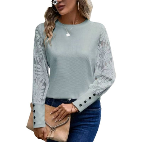 Long Sleeve Embroidered Lace Splicing Waffle Crew Neck Top m302245
