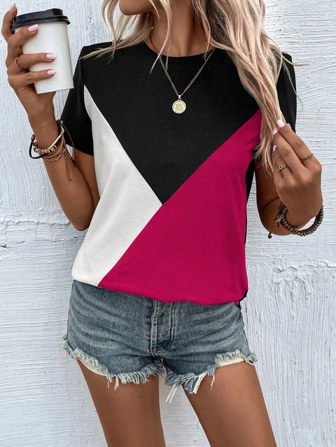 New contrasting color splicing crew neck T-shirt loose casual top m302621