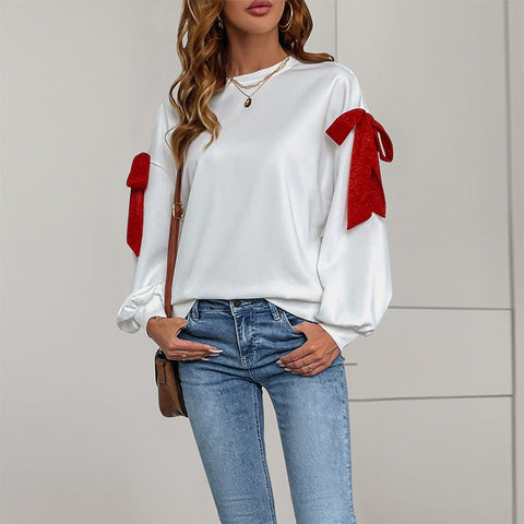 Crew neck long cuff bow sweater women m300822