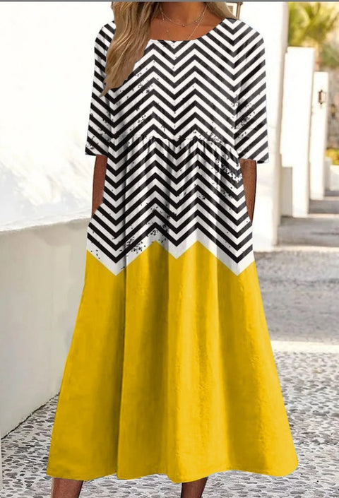 Up and down splicing pocket size printing big wide dress m301712