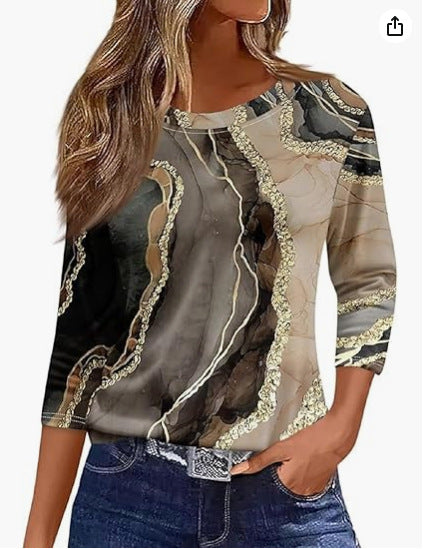 Slim and thin imitation cotton round neck printing solid color seven-quarter sleeve long sleeve m302884