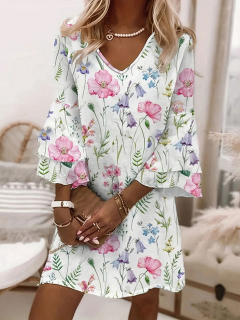 Full-body printed V-neck dress m302858