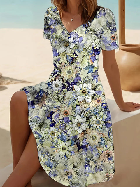New V-neck casual flower print short-sleeved medium-length dress m302707