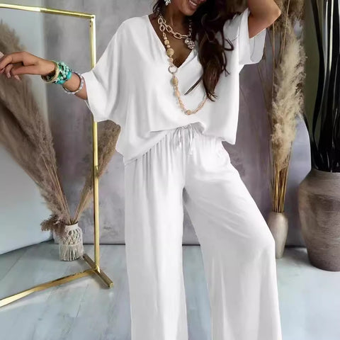V-neck bat sleeve casual loose wide-leg pants suit women's m302414