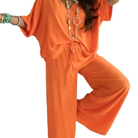V-neck bat sleeve casual loose wide-leg pants suit women's m302414