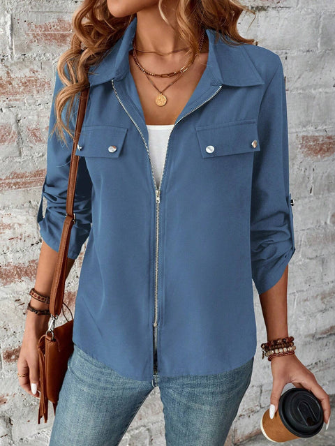 lapel zipper cardigan purse hat solid color long sleeve jacket m300675