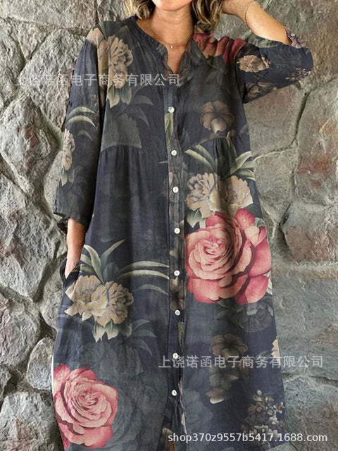 Women's Loose Crew Neck Fashion Premium Long Sleeve Printed Shirt Dress m301050