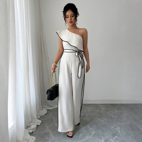 Elegant wind slanted shoulder vest wide leg pants jumpsuit m301391